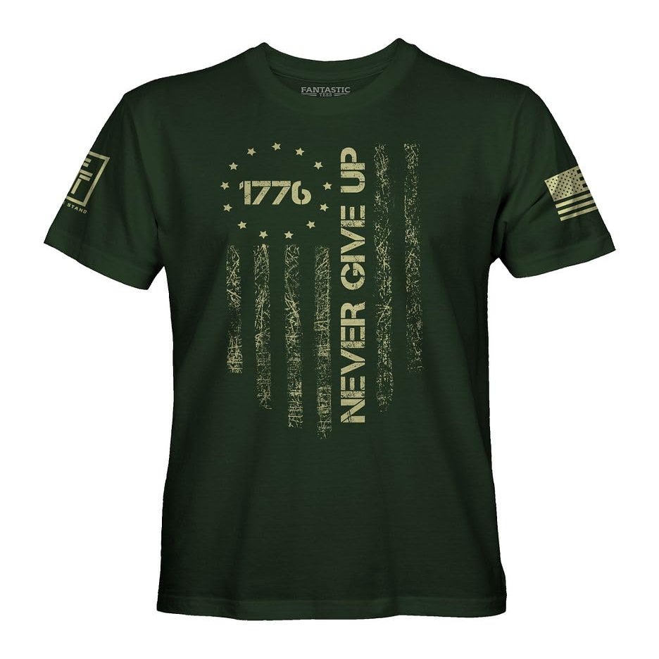 Fantastic Tees Never Give Up Since 1776 USA Independence Mens Patriotic Shirt (Forest Green, L)