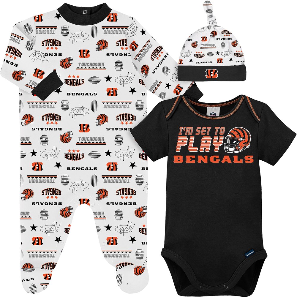 Gerber NFL Boys' 3 Pack Bodysuit Sleep N Play Footie Cap Registry Gift Set, Team Color, 0-3 Months