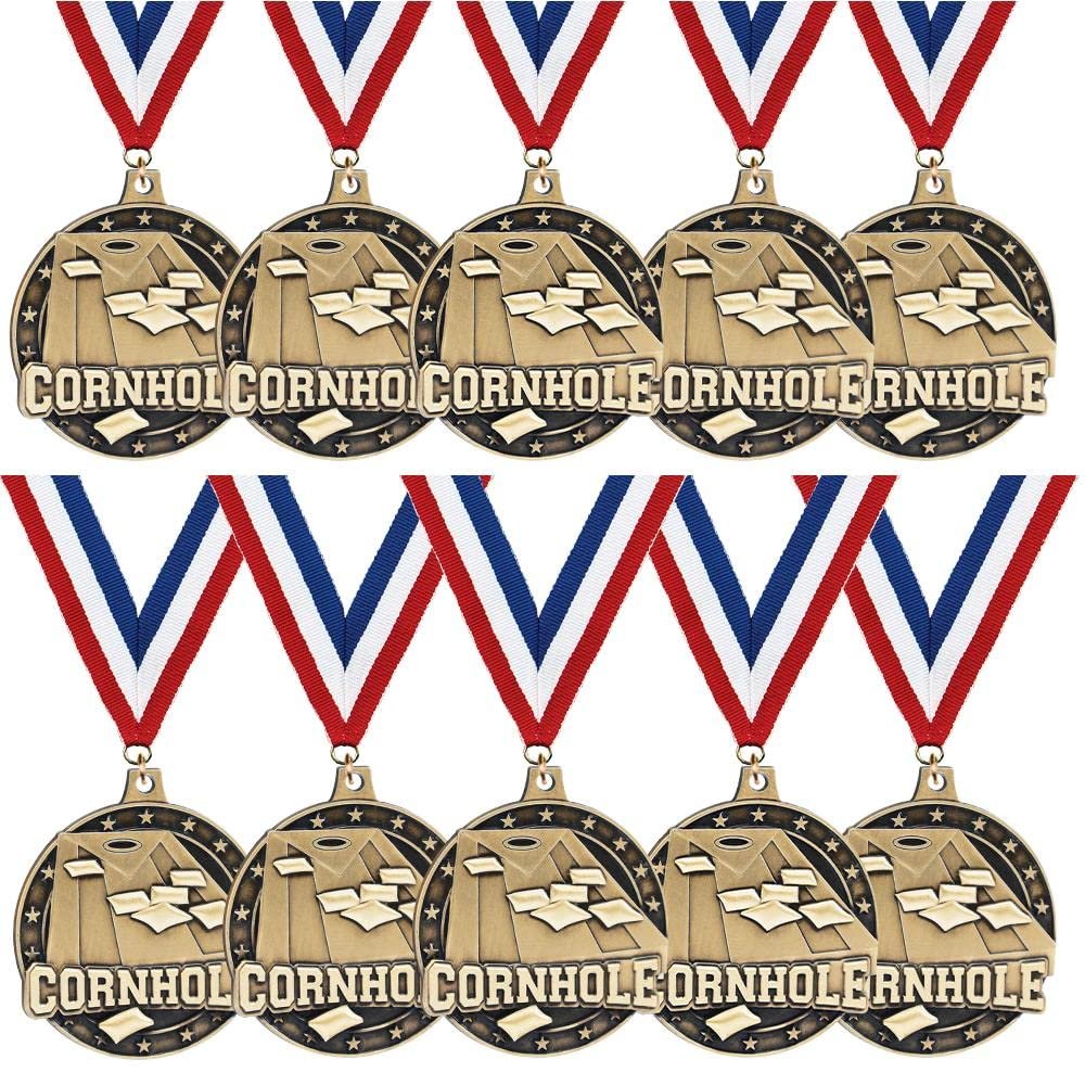 Crown Awards Cornhole Medals - 10 Pack - 2" Gold 3D Cornhole Medal with Red, White, Blue Neck Ribbon Prime