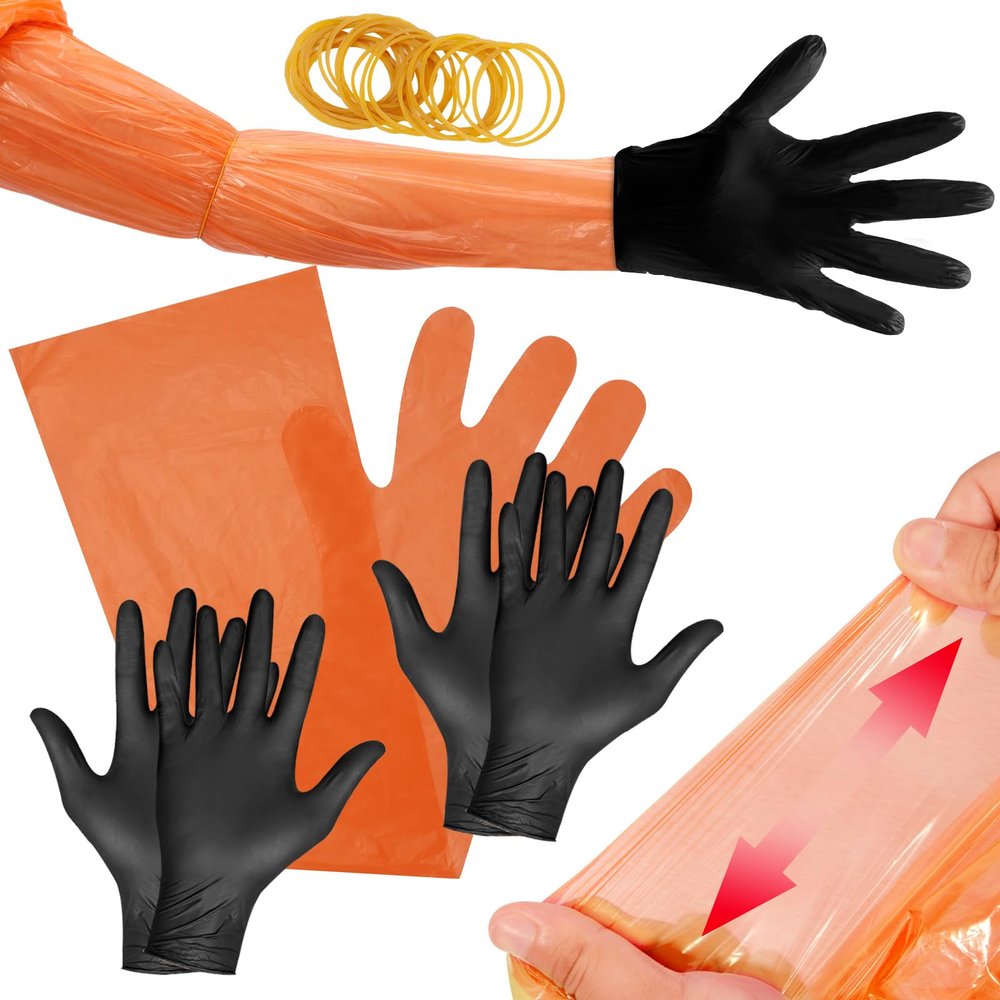 YUNVI Field Dressing Gloves for Deer Hunting and Veterinary Use - Includes Disposable and Nitrile Gloves Orange 30 Pairs