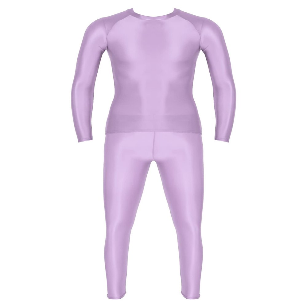 Manyakai Men's Glossy Two Piece Workout Yoga Fitness Outfits Compression Long Sleeve Shirt Top with Leggings Lavender Medium