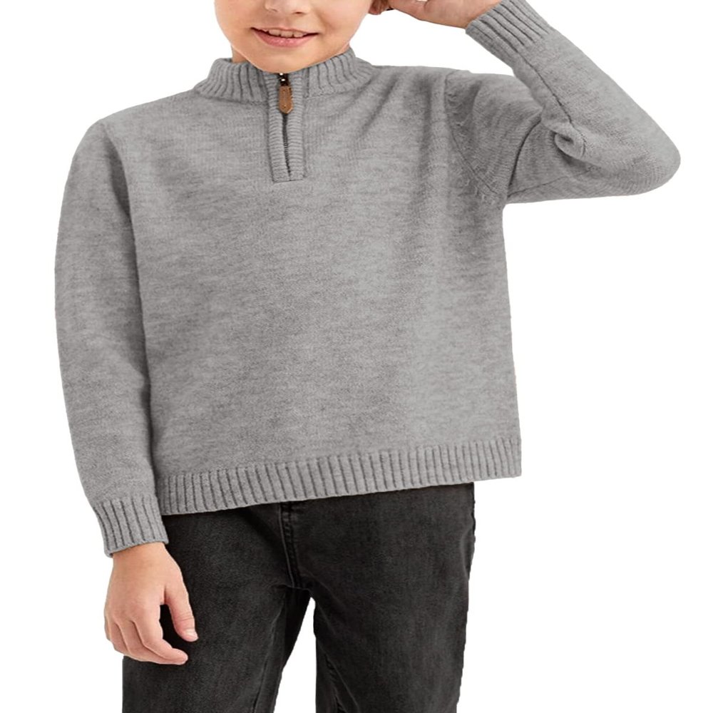 GAMISOTE Boys Sweater Quarter Zip Up Chunky Knit Mock Neck Warm Pullver Kids Knitwear Grey