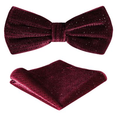 TIE G Men's Glitter Velvet Bow Tie + Pocket Square Set in Gift Box for Wedding, Party : Glittering Effects, Unisex Design (Galaxy Wine Red)