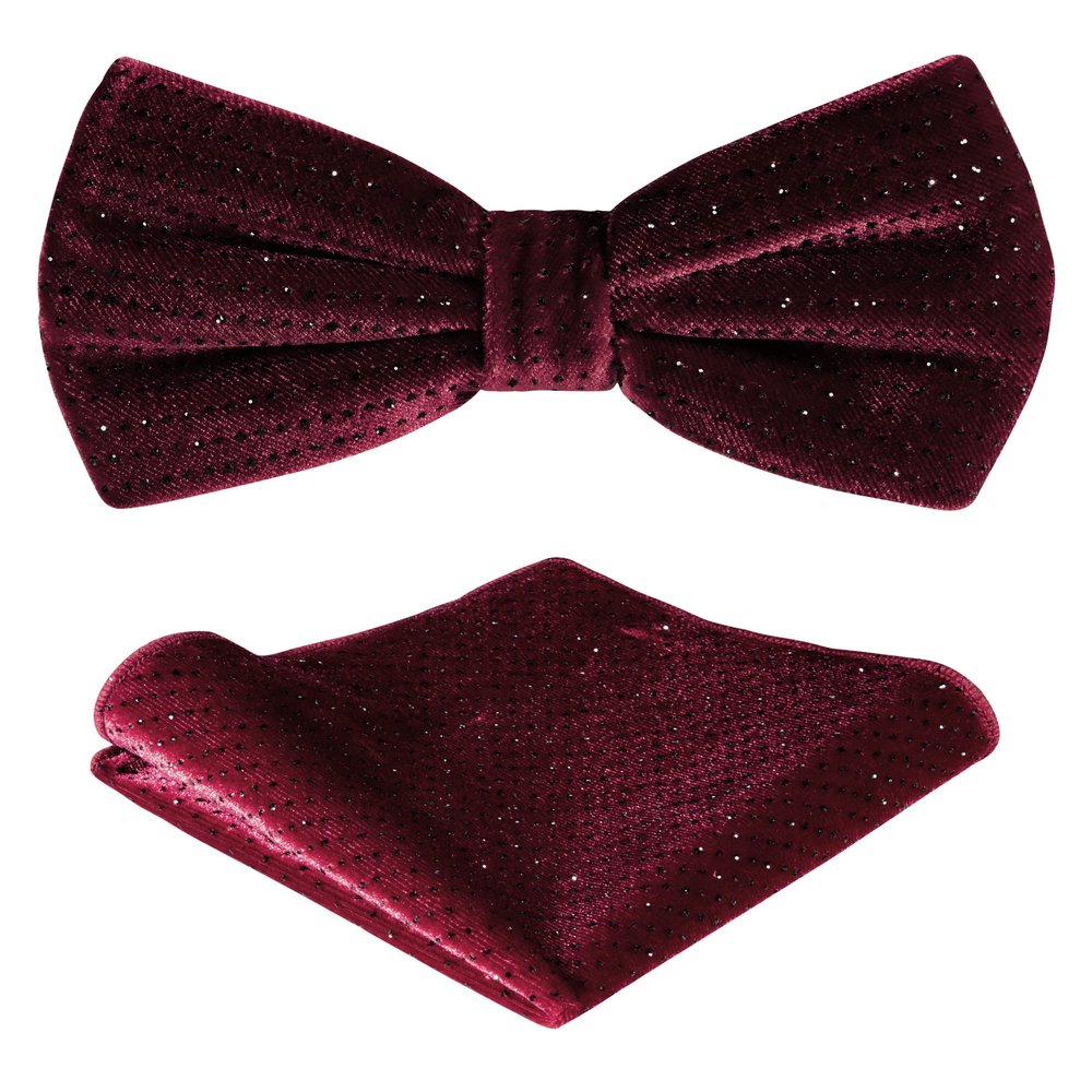 TIE G Men's Glitter Velvet Bow Tie + Pocket Square Set in Gift Box for Wedding, Party : Glittering Effects, Unisex Design (Galaxy Wine Red)