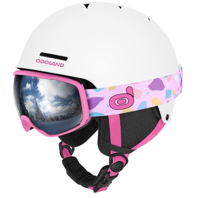 Odoland Kids Ski Helmet, Snow Helmet with Ski Goggles for Boys and Girls, Safety Youth Snowboard Sports Helmets and Goggles Set for Children Ages 6-14, White Rose, S