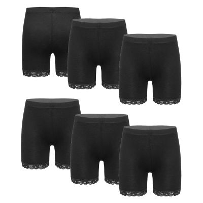 JanJean Kids Girls 6Pcs Solid Color Lace Trim Boyshort Underwear Safety Dress Stretchy Shorts Yoga Gymnastic Active Shorts Black 15-16 Years