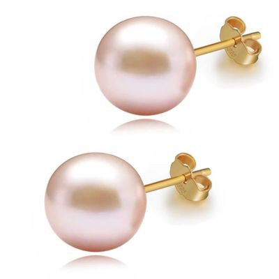 pink pearl 18K Gold stud Earrings for women Ladies GirlHandpicked Genuine Freshwater aquaculture Cultured AAAA+ Pearls. (pink-10mm)