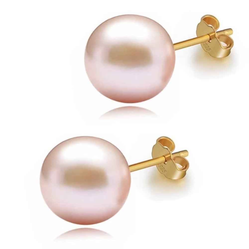pink pearl 18K Gold stud Earrings for women Ladies GirlHandpicked Genuine Freshwater aquaculture Cultured AAAA+ Pearls. (pink-10mm)