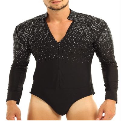 HULIJA Men's Spandex Rhinestone Latin Ballroom Dance Tops Shirt Leotard V Neck Dancing Costume Dancewear Black Large