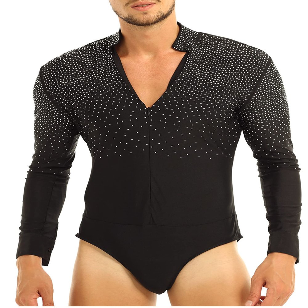 HULIJA Men's Spandex Rhinestone Latin Ballroom Dance Tops Shirt Leotard V Neck Dancing Costume Dancewear Black Large