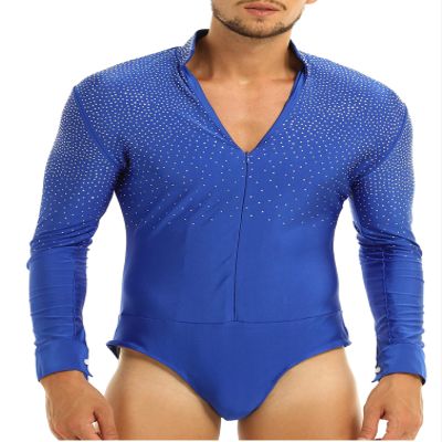 HULIJA Men's Spandex Rhinestone Latin Ballroom Dance Tops Shirt Leotard V Neck Dancing Costume Dancewear Royal_Blue X-Large
