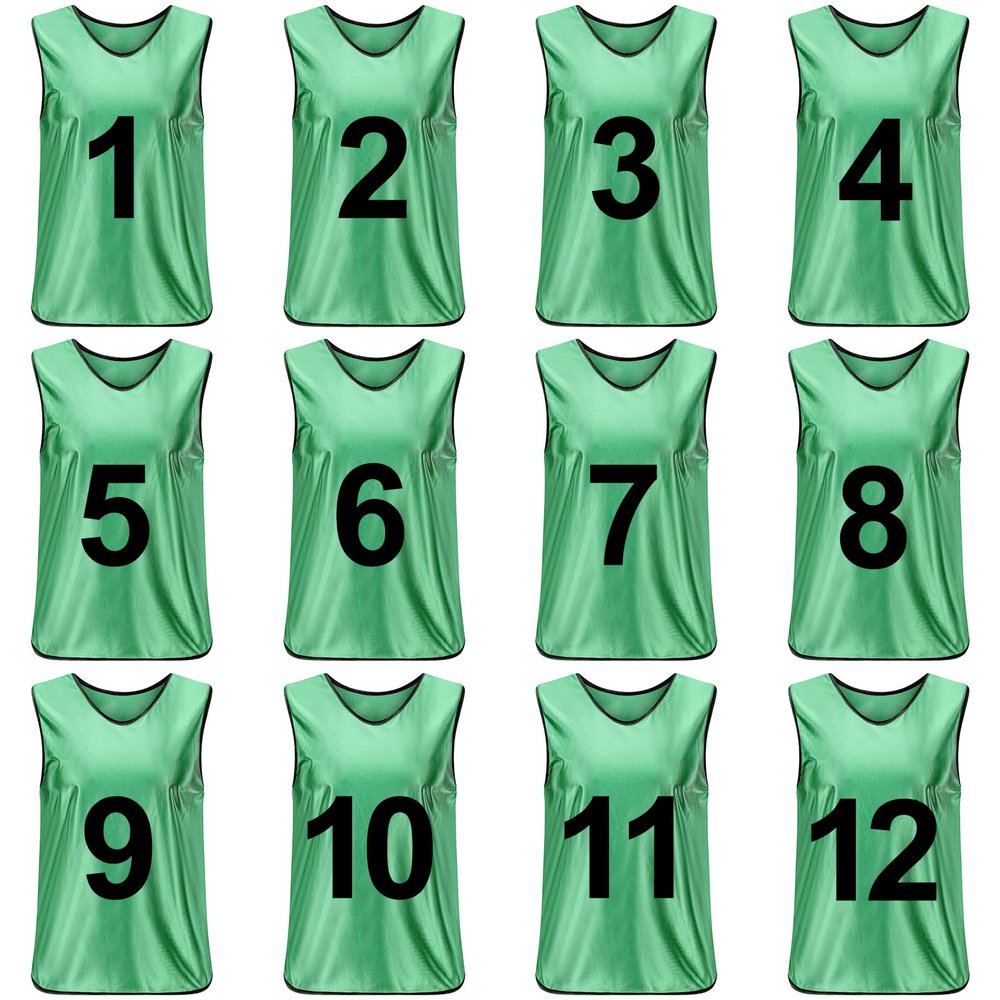 TopTie Sets of 12 (#1-12, 13-24) Numbered/Blank Scrimmage Training Vests Soccer Bibs Sports Pinnies-Forest [#1 to 12]-XL