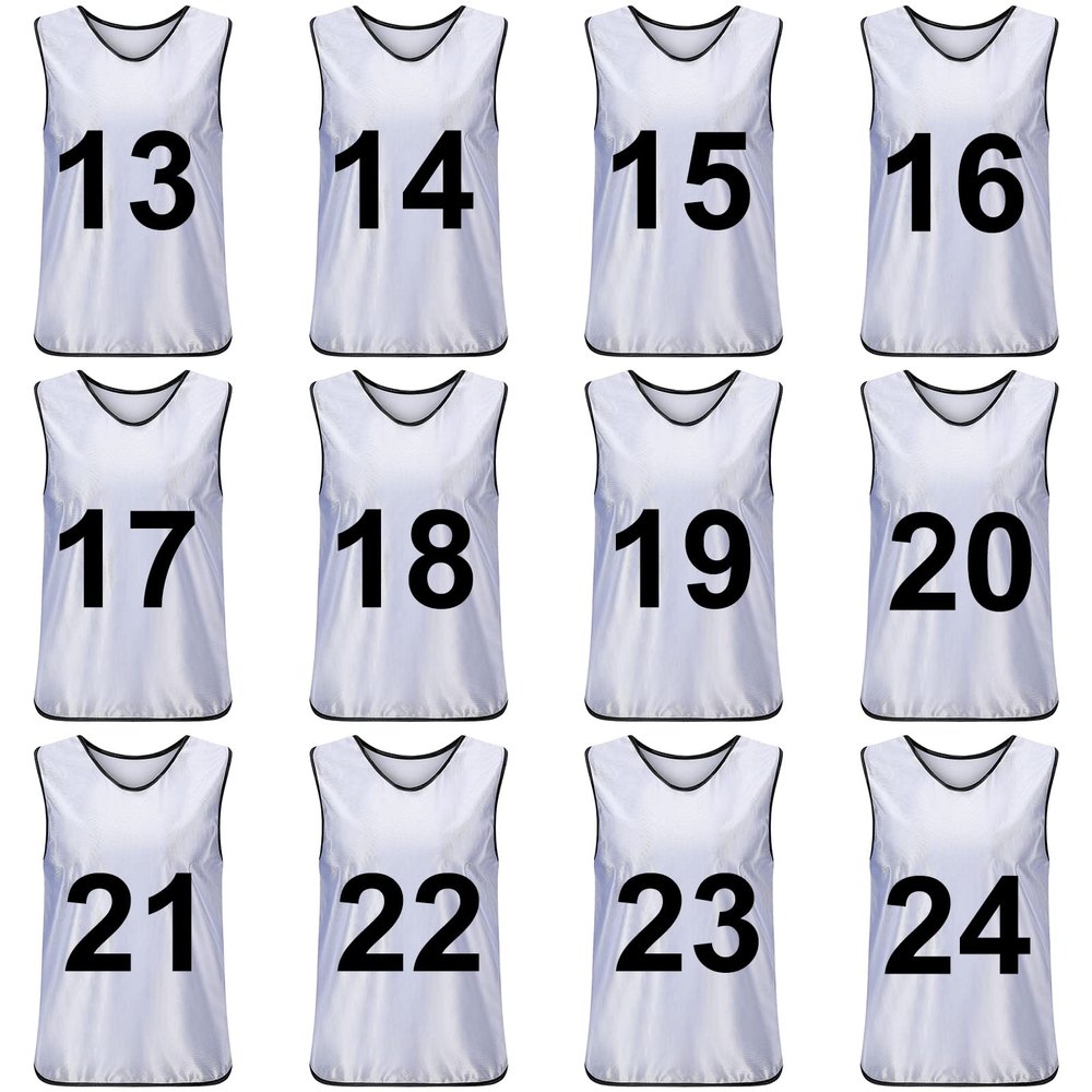 TopTie Sets of 12 (#1-12, 13-24) Numbered/Blank Scrimmage Training Vests Soccer Bibs Sports Pinnies-White [#13 to 24]-L