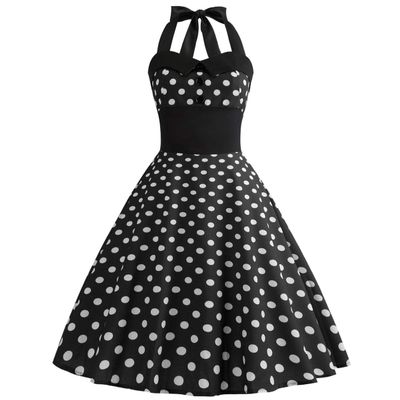 50s Polka Dot Halter Dresses for Women Vintage Polka Dot Cocktail Dresses 1950s Halter Rockabilly Dresses 50's 60's Prom Tea Party Swing Dresses Audrey Hepburn Prom Dress Black+White Dots X-Large