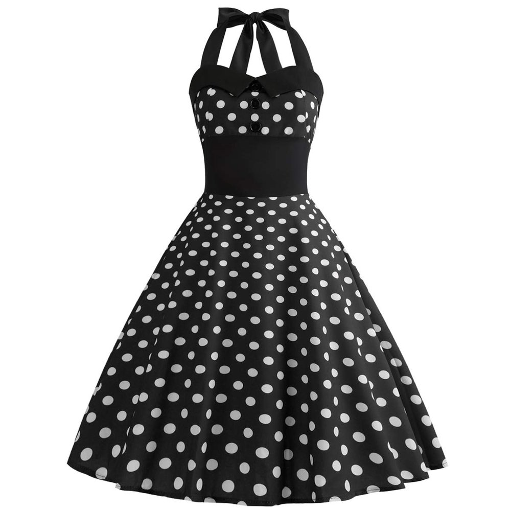 50s Polka Dot Halter Dresses for Women Vintage Polka Dot Cocktail Dresses 1950s Halter Rockabilly Dresses 50's 60's Prom Tea Party Swing Dresses Audrey Hepburn Prom Dress Black+White Dots X-Large