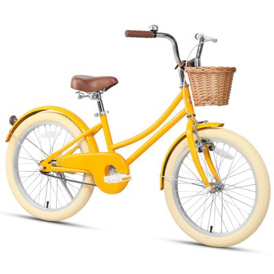 Glerc Little Molly 20 Inch Kids Bike, Retro Cruiser Girls Bike for Children Ages 7-13 Years Old, Kids Bicycle with Wicker Basket & Kickstand, Yellow