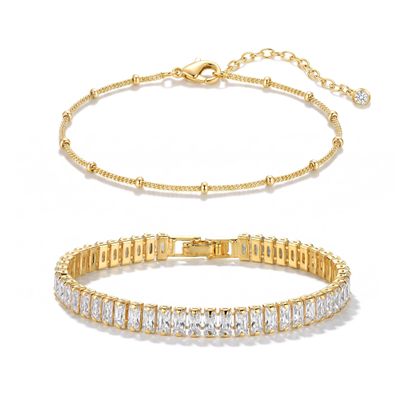 TONTMY STUDIOS Gold Bracelets for Women Set 2 Layer Tennis CZ Bracelets 14K Gold Filled Dainty Satellite Chain Everyday Minimalist Bracelet Stack Jewelry for Women