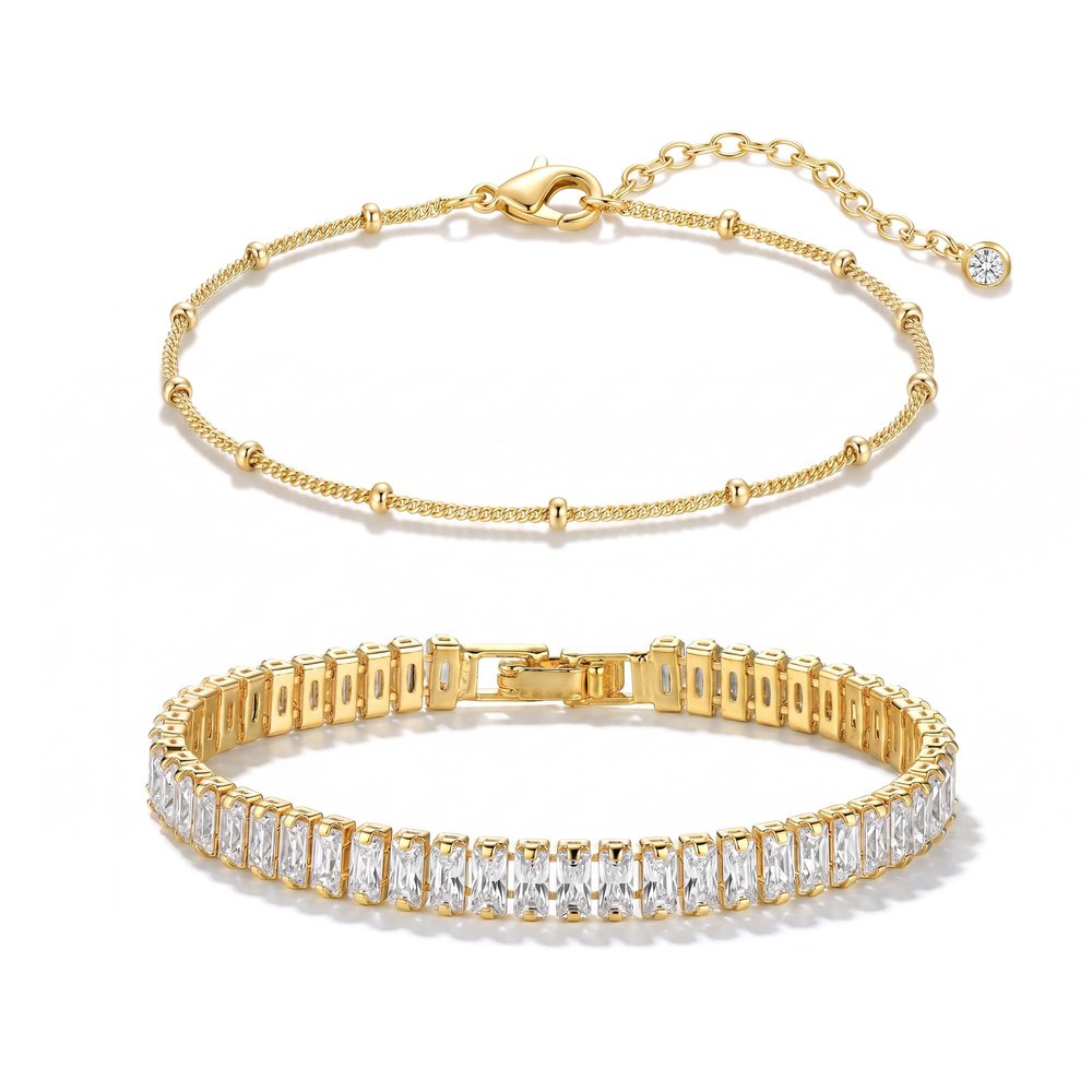 TONTMY STUDIOS Gold Bracelets for Women Set 2 Layer Tennis CZ Bracelets 14K Gold Filled Dainty Satellite Chain Everyday Minimalist Bracelet Stack Jewelry for Women