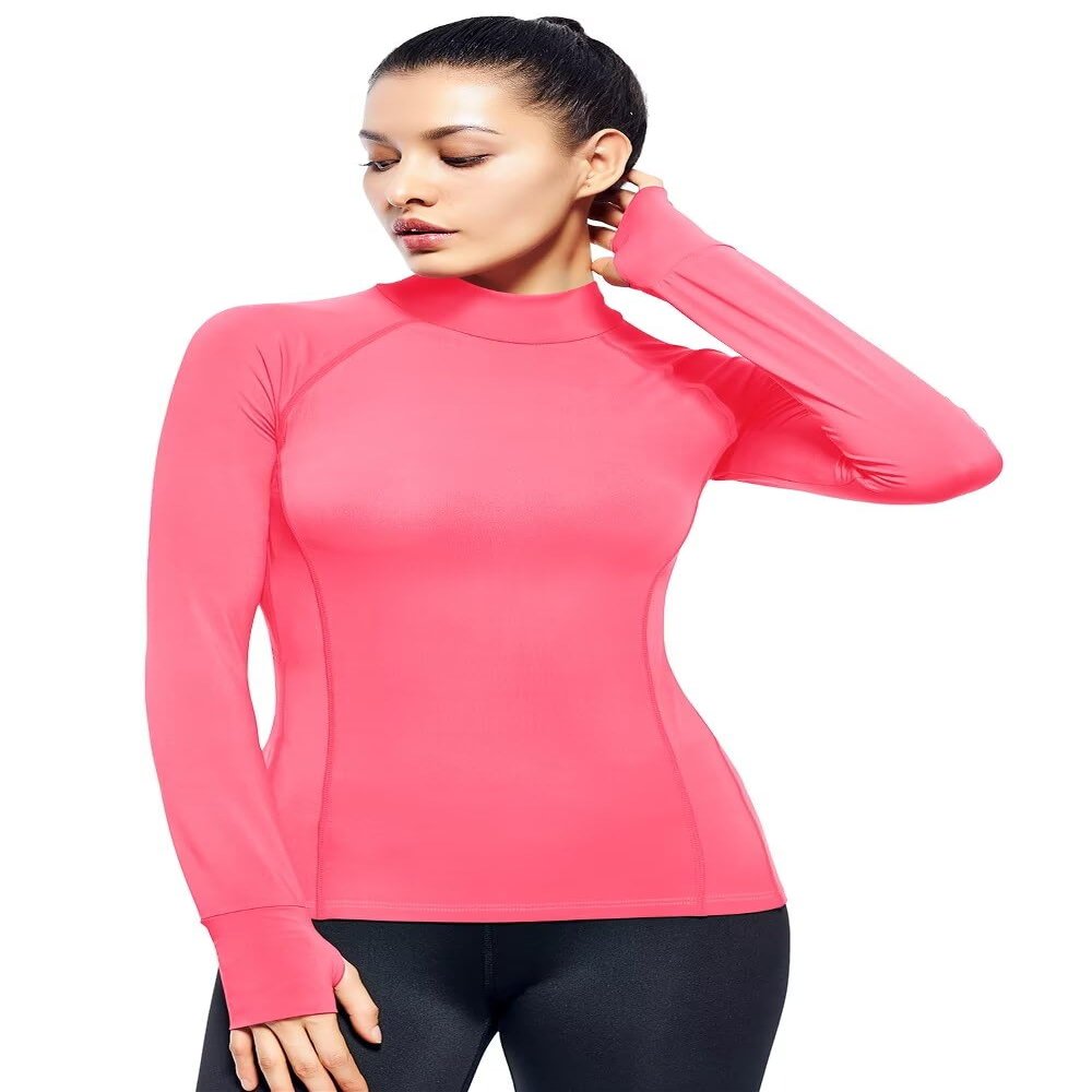 Athletic Tops for Women Long Sleeve Running Shirt with Thumb Holes Mock Neck (Neon Pink,XS)