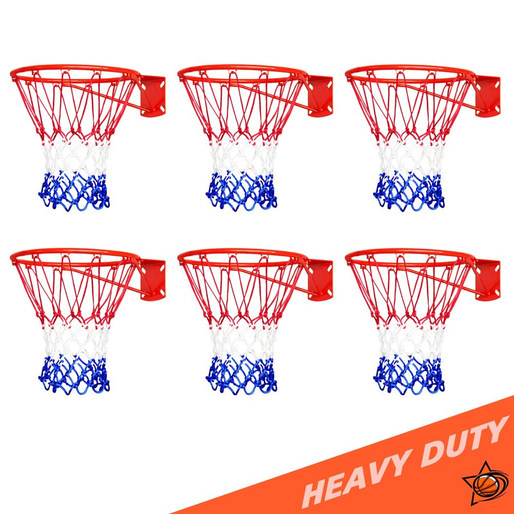 ALALAL 6 Pcs Heavy Duty Basketball Nets Replacement Bold Polyester Woven Rope Basketball Hoop Net-All Weather Anti Whip, Fits Standard Indoor or Outdoor Rims 12 Loops(Red White Blue)