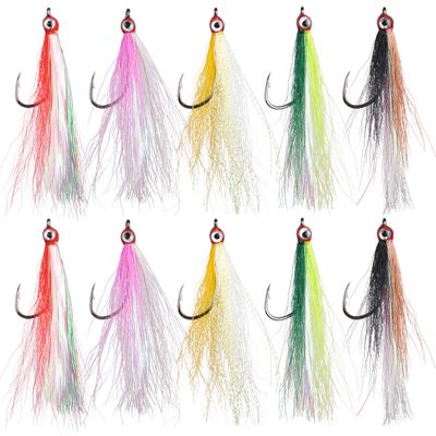 OROOTL Fishing Bucktail Teaser Hooks, 10pcs Saltwater Fishing Jigs Teaser Lures High Carbon Steel Hooks with Crystal Flash Feather Skirt for Flounder Salmon Trout Sea Bass Steelhead