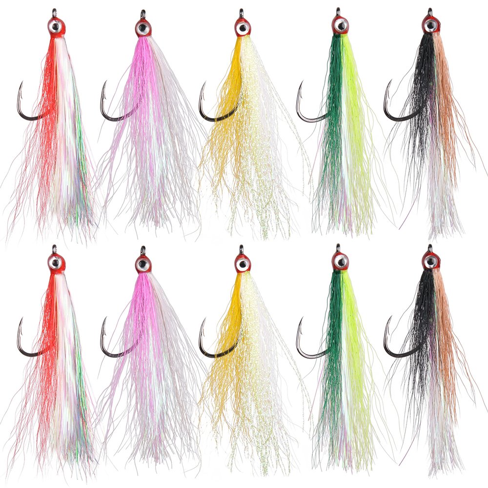 OROOTL Fishing Bucktail Teaser Hooks, 10pcs Saltwater Fishing Jigs Teaser Lures High Carbon Steel Hooks with Crystal Flash Feather Skirt for Flounder Salmon Trout Sea Bass Steelhead