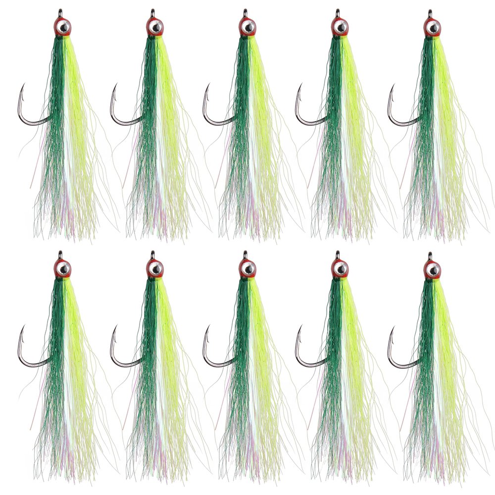 OROOTL Fishing Bucktail Teaser Hooks, 10pcs Saltwater Fishing Jigs Teaser Lures High Carbon Steel Hooks with Crystal Flash Feather Skirt for Flounder Salmon Trout Sea Bass Steelhead