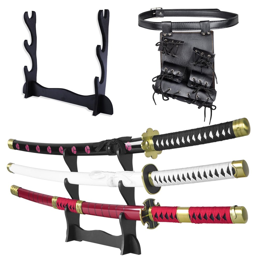Adust Carbon Steel Roronoa Zoro Sword, Anime Sword, Zoro Cosplay Costume 41 inch Overall, for Anime Fans, 3 Swords with Display Stand (Set A-Kitestu/Shusui/Wado Ichimonji)