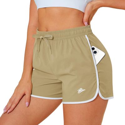 MAGCOMSEN Womens Athletic Running Sport Shorts 3 Inch Quick Dry Waterproof Gym Workout Dolphin Shorts Pockets Khaki, M