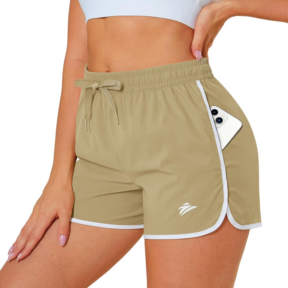 MAGCOMSEN Womens Athletic Running Sport Shorts 3 Inch Quick Dry Waterproof Gym Workout Dolphin Shorts Pockets Khaki, M