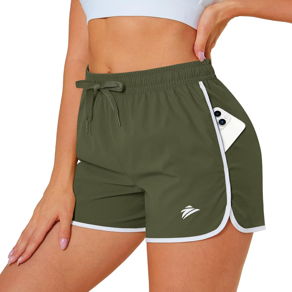 MAGCOMSEN Women's Running Shorts with Pockets 3 Inch Lightweight Quick Dry Athletic Gym Workout Shorts Army Green, M