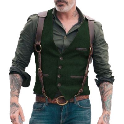 Vintage Men's Herringbone Suit Vest Slim Fit Tweed Wool Retro Business Casual Dress Waistcoat for Suit Tuxedo Blazer (Color : Green, Size : Medium)