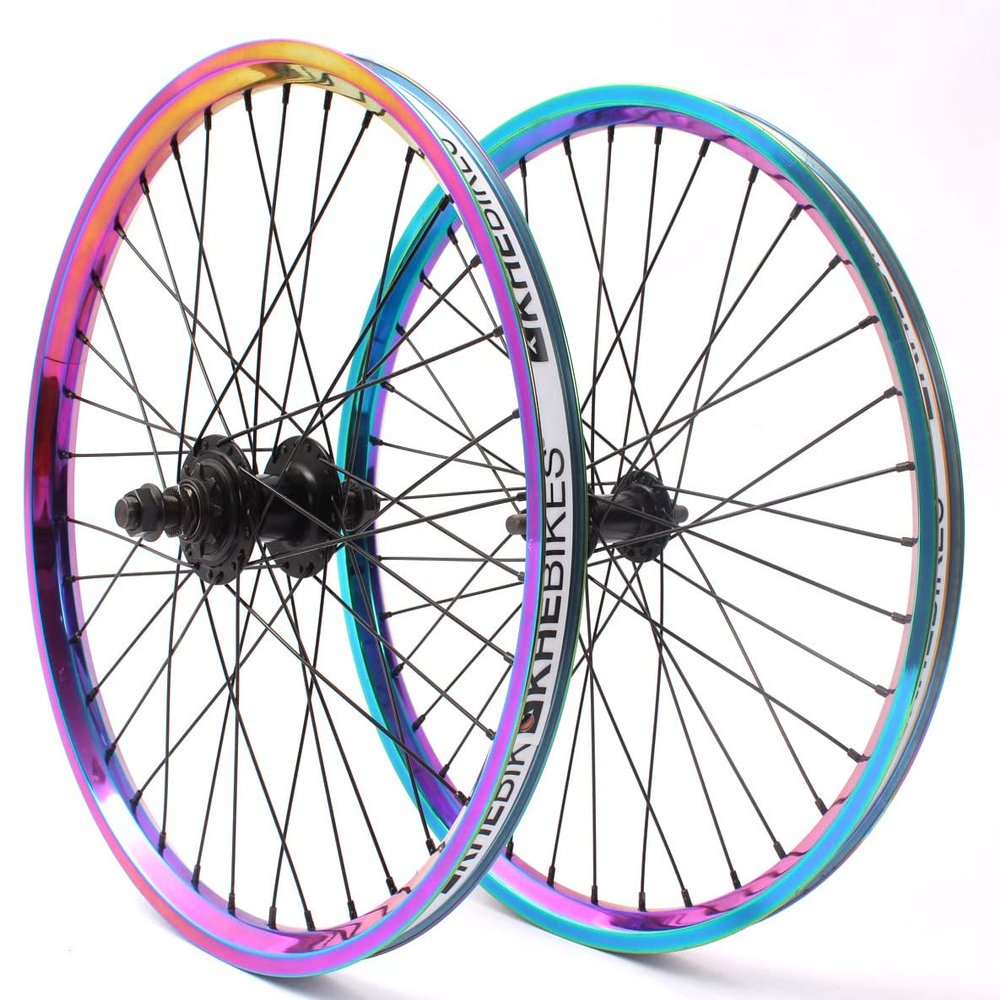 KHE BMX Wheel Set Oil Slick Aluminium Rim MVP 36H 14 mm 9T Sprocket and Rim Tape