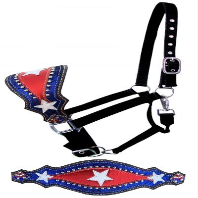 Showman Nylon Bronc Halter w/Patriotic Design Leather Noseband