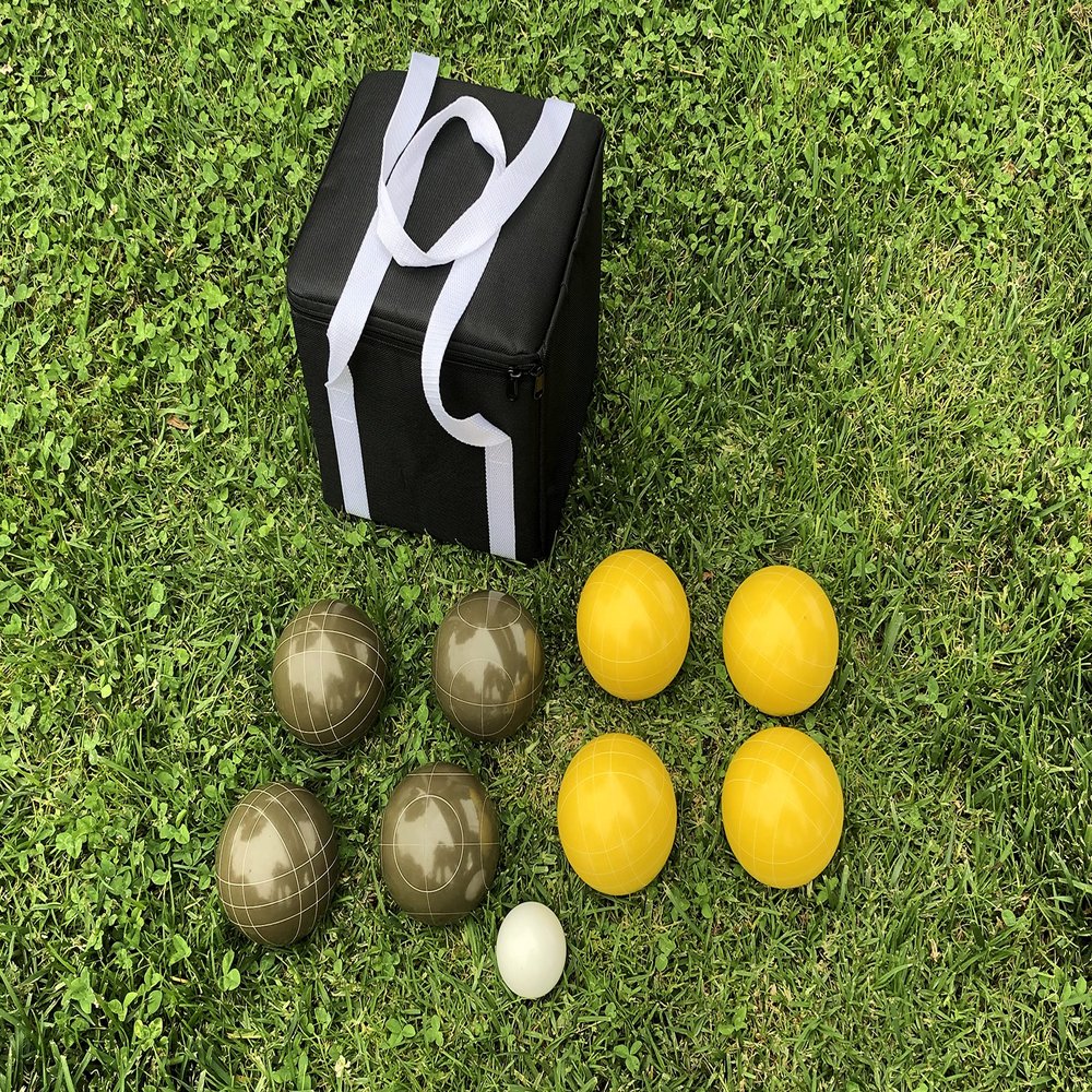 BuyBocceBalls Listing - Unique Bocce Set - 107mm with Olive Brown and Yellow Balls, Black Bag