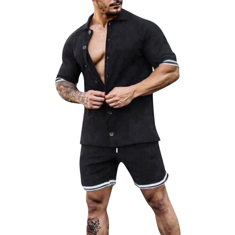 Men's Short Sports Set Casual Classic Muscle Fit Button Down Summer Workout Sets Athletic 2 Piece Outfits Track Suits Black