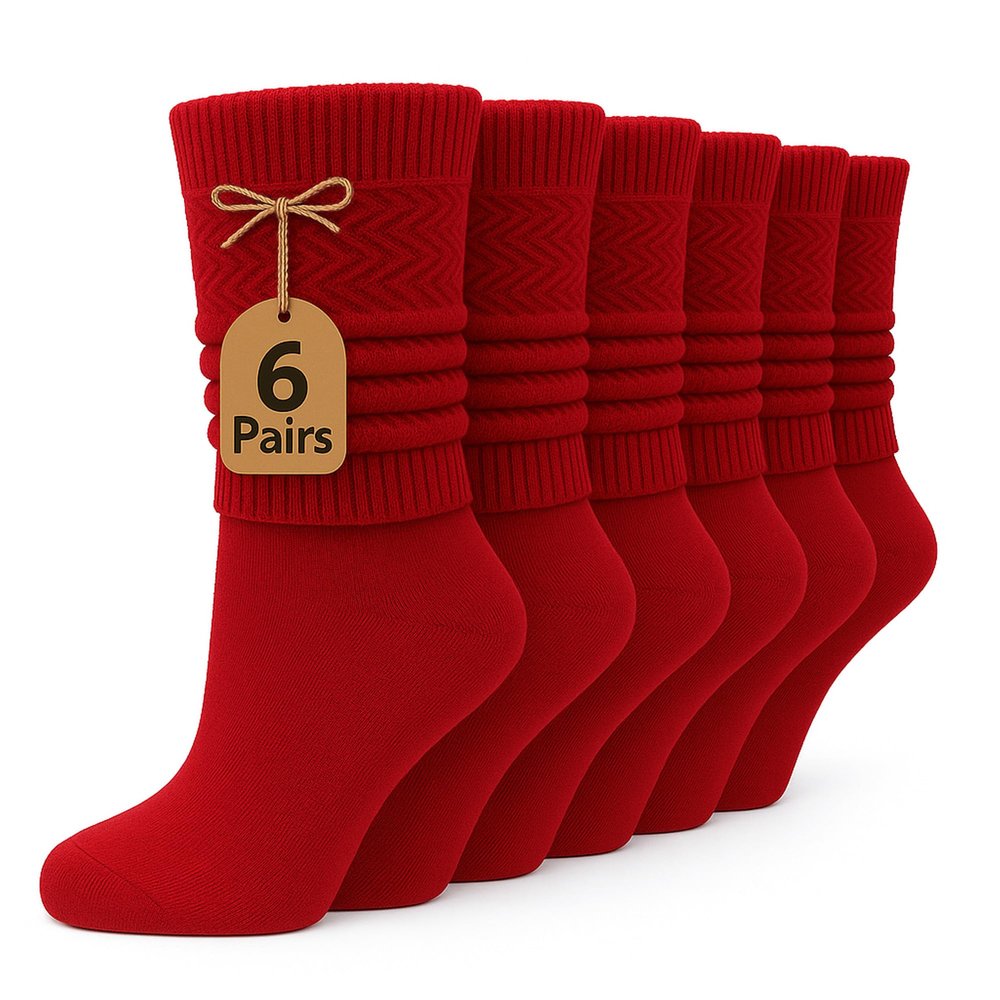 AWS/American Made 6 Pairs Cotton Slouch Knee Socks Shoe Size 5 to 10 (Hibiscus)