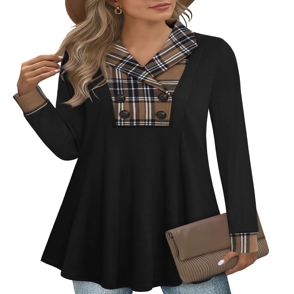 Bebonnie Long Tunic Tops for Women to Wear with Leggings, Womens Long Sleeve Casual Collared Sweatershirts Pullover Fall Fashion Tunic Tops with Buttons Black Coffee XXL