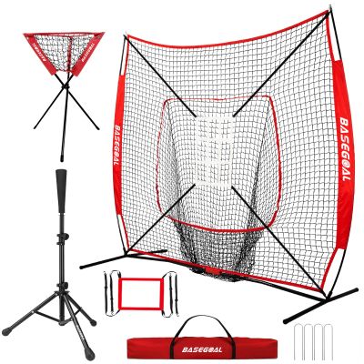 BaseGoal 7'7' Baseball Softball Practice Net,Baseball Backstop,with Batting Tee,Ball Caddy,for Hitting Pitching Batting Catching with Bow Frame,Bonus Strike Zone,Portable and Foldable (Red)