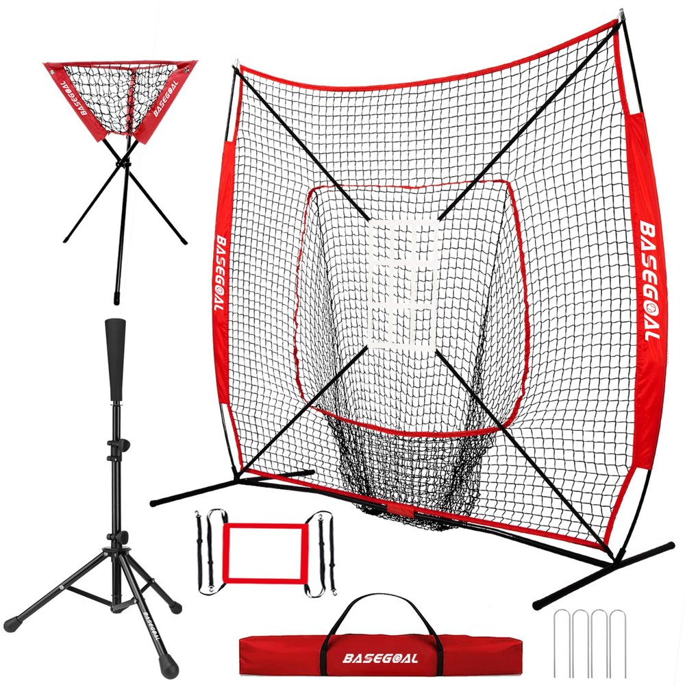 BaseGoal 7'7' Baseball Softball Practice Net,Baseball Backstop,with Batting Tee,Ball Caddy,for Hitting Pitching Batting Catching with Bow Frame,Bonus Strike Zone,Portable and Foldable (Red)