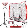 BaseGoal 7'7' Baseball Softball Practice Net,Baseball Backstop,with Batting Tee,Ball Caddy,for Hitting Pitching Batting Catching with Bow Frame,Bonus Strike Zone,Portable and Foldable (Red) view 1