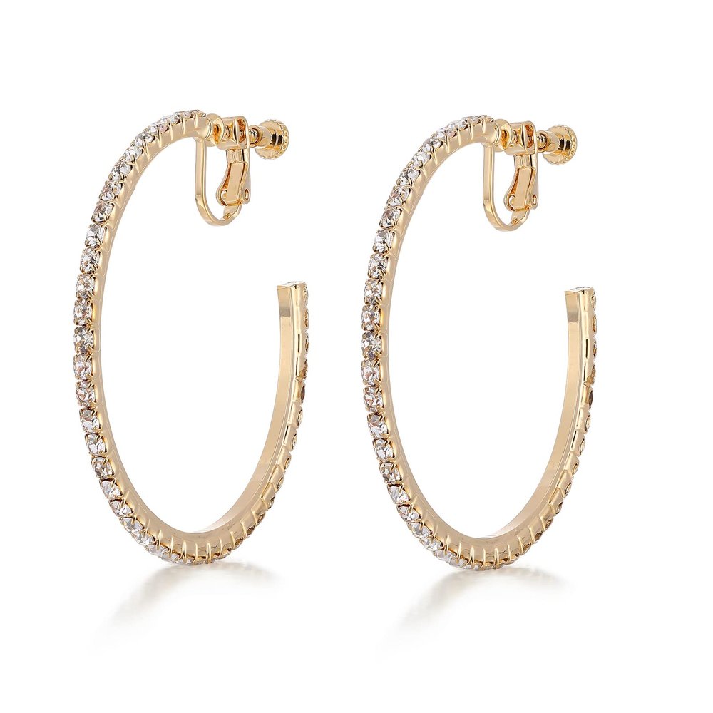 LAXPICOL Fashion Sparkly Austrian Circle Hoop Earrings Clip On Earrings For Women No Piercing Earrrings Golden Tone 1.96"*1.96"