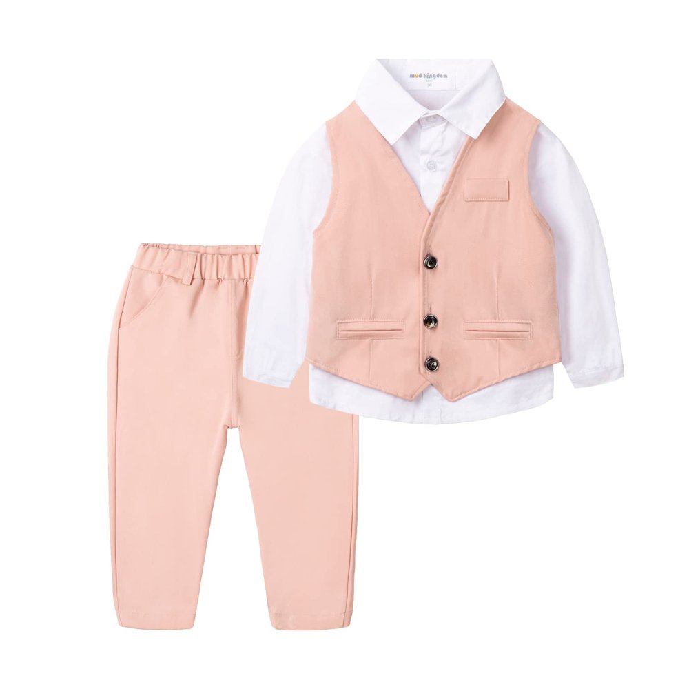 Mud Kingdom Toddler Boys Suits for Weddings White Shirts, Vest and Pants Clothes Sets Pink 4T