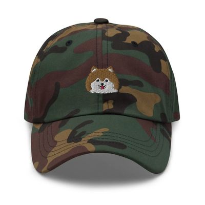 Pomeranian hat Embroidered, Pomeranian Baseball Cap, Pomeranian dad hat, for Men and Women, Pomeranian Gift. Green Camo