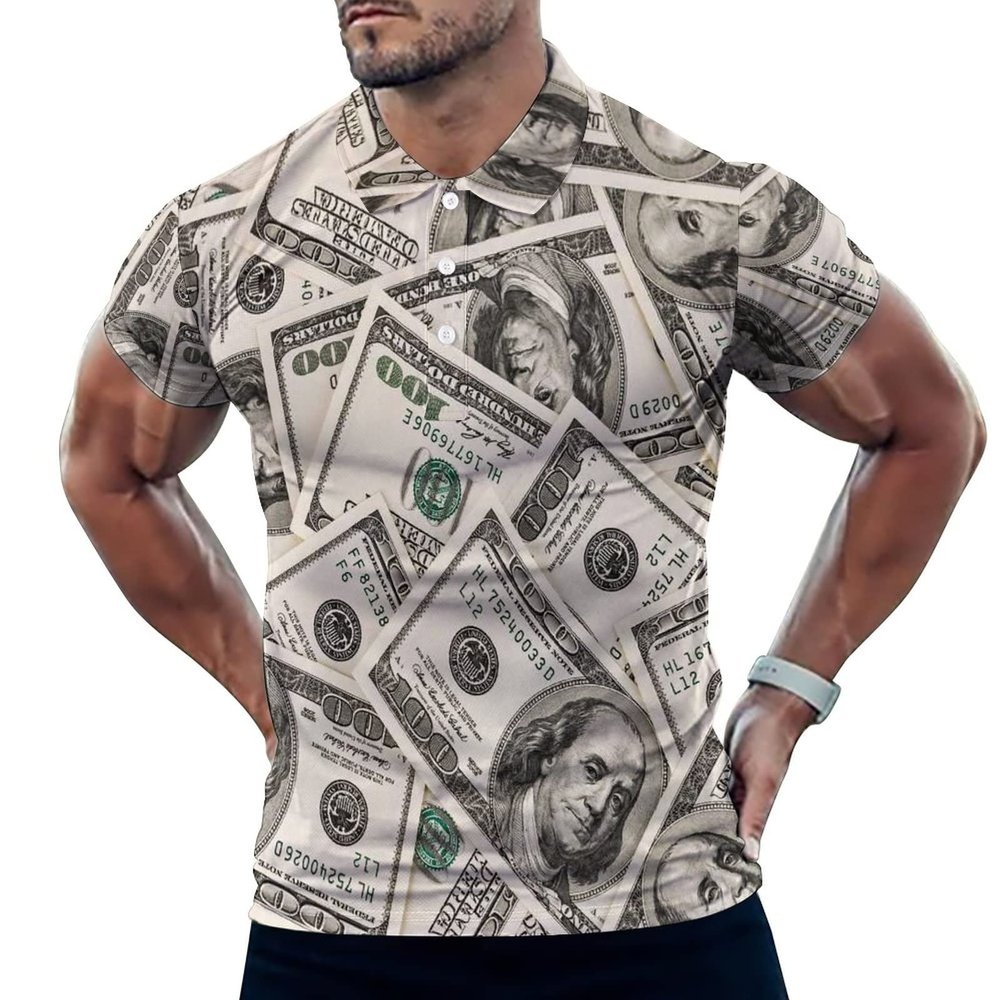 BAIKUTOUAN Money American Hundred Dollar Bills Men's Polo-Shirts Short Sleeve Golf Tees Outdoor Sport Tennis Tops XL