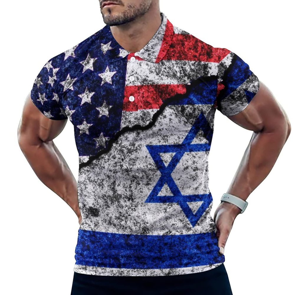 BAIKUTOUAN USA and Israel on A Cracked Men's Polo-Shirts Short Sleeve Golf Tees Outdoor Sport Tennis Tops 3XL