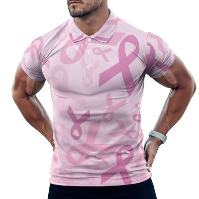 BAIKUTOUAN Pink Ribbon Breast Cancer Awareness Men's Polo-Shirts Short Sleeve Golf Tees Outdoor Sport Tennis Tops 5XL