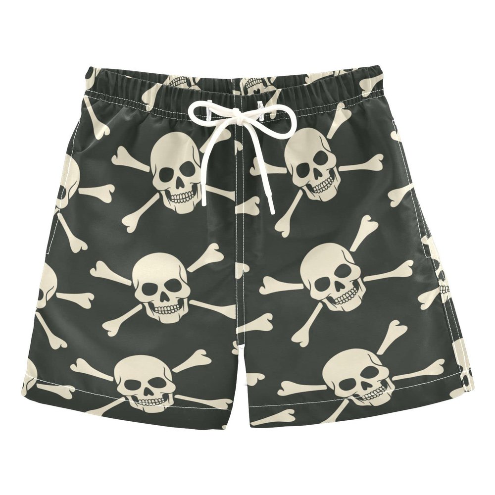 Aflyko Halloween Boys' Board Shorts White Pirate Skull Teens Swim Trunk Girls Bathing Suit All Day Shorts