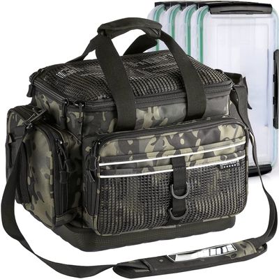DODO DEER Fishing Tackle Bag Large Tackle Box Fishing Bag Water Resistant Fishing Gear Storage Bag with Rod Holder for Freshwater & Saltwater (Small Incognito Camouflage with 4 Trays,Standard)