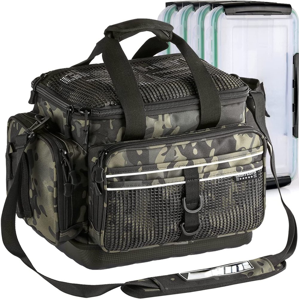 DODO DEER Fishing Tackle Bag Large Tackle Box Fishing Bag Water Resistant Fishing Gear Storage Bag with Rod Holder for Freshwater & Saltwater (Small Incognito Camouflage with 4 Trays,Standard)